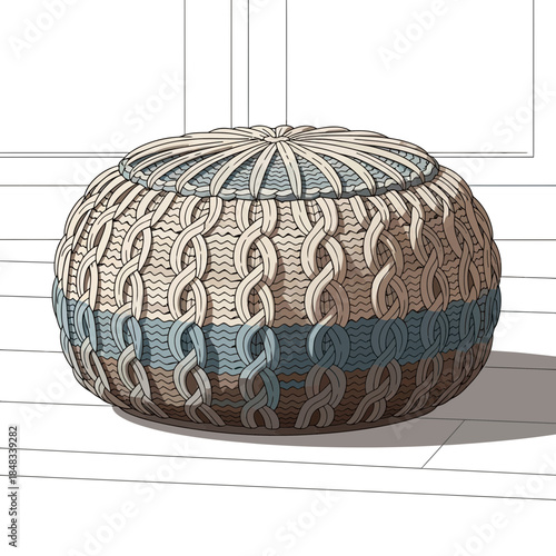 Decorative round woven basket with intricate pattern featuring neutral and blue tones in a cozy