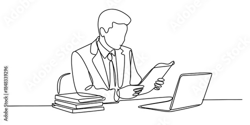 Continuous line drawing of a businessman working at his desk with a laptop and books Vector, illustration
