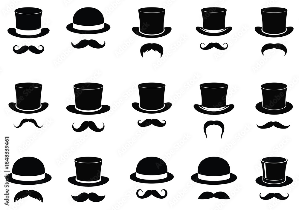 Fototapeta premium Vector gentleman hats and mustaches icons collection. set of black hats