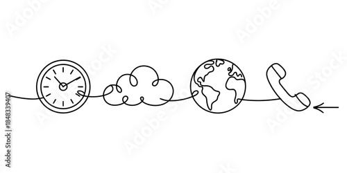 Continuous line art of global communication over time using cloud technology Vector, illustration