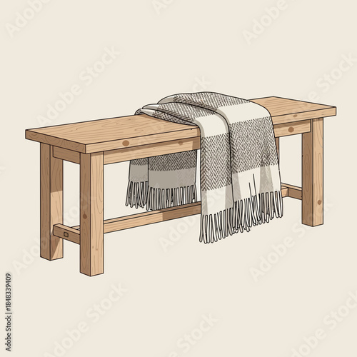 Minimalist wooden bench with gray and white striped woolen blanket draped over it perfect for cozy