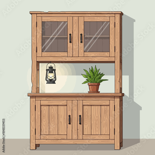 Rustic wooden cabinet with glass doors and a potted plant in a cozy home interior setting