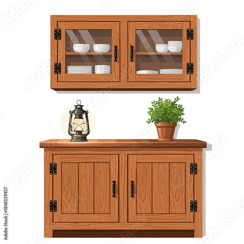 Rustic wooden kitchen cabinet and sideboard set with glass doors and accessories