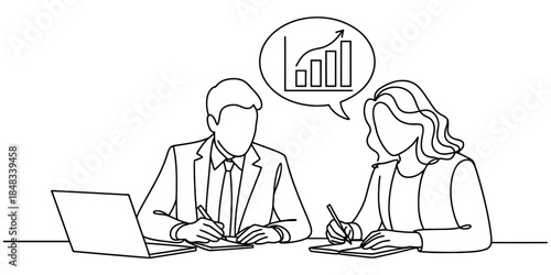 Two colleagues in a business meeting brainstorming and discussing growth strategy Vector, illustration