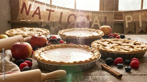 A tempting array of freshly baked, golden-crusted pies, including both fruit and creamy varieties, steams gently on a rustic wooden table. The inviting scene is artfully arranged with vibrant fresh be