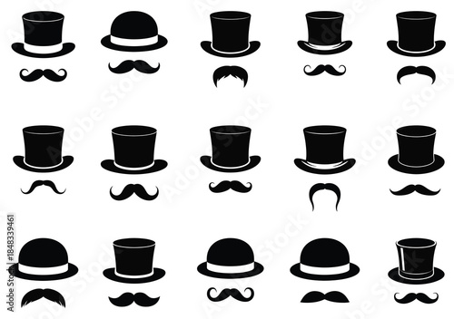 Vector gentleman hats and mustaches icons collection. set of black hats