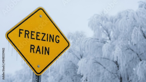 Freezing Rain Warning Sign Amidst Icy Tree Branches in a Winter Landscape