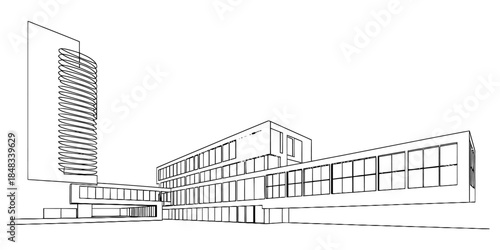 Architectural blueprint drawing of a modern building complex with a spiral tower design Vector, illustration