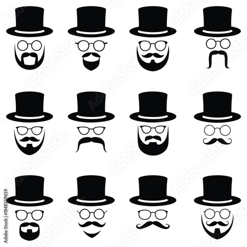 Vector gentleman icons set with top hat and beard styles. set of hats
