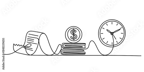 Continuous line drawing representing time, money, and financial documents concept Vector, illustration