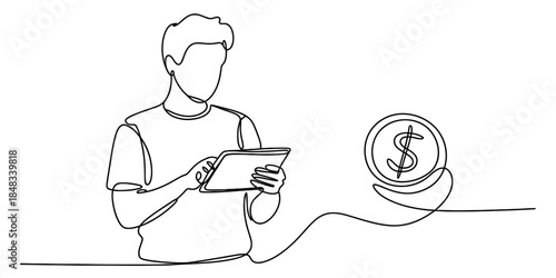 A person manages online finances and digital payments with a tablet device Vector, illustration