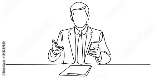 Continuous line art illustration of a businessman discussing at a desk Vector, illustration