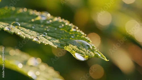 A vibrant green leaf, sparkling with water droplets, is shown in a macro shot. A pristine drop slowly falls from its edge, enhanced by soft golden bokeh. This scene embodies purity, freshness, and nat