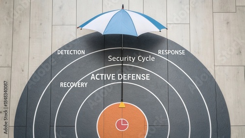 Security Cycle Concept with Active Defense, Detection, Response, and Recovery Elements Represented by Umbrella and Target