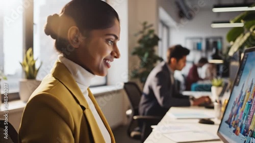 A vibrant, sunlit modern office setting where a focused professional is seen actively working on her computer, displaying a cheerful and engaged demeanor. She is wearing a stylish yellow blazer and a 