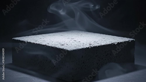 A visually striking close-up shot features a dark, textured, porous block shrouded in ethereal, swirling white smoke or vapor. The upper surface of the block is covered in delicate, crystalline frost,