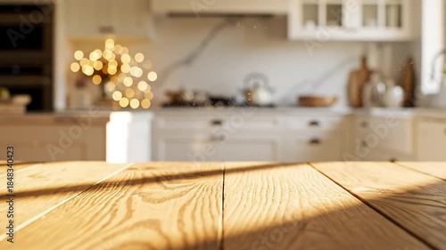 A warm and inviting modern kitchen interior is beautifully blurred in the background, featuring elegant white cabinetry and sparkling bokeh lights, creating a soft, dreamlike ambiance. The foreground 