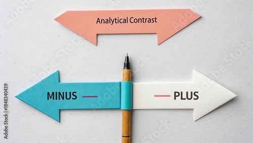Signage for Analytical Contrast with Colorful Arrows Indicating Minus and Plus Directions on a Light Gray Background
