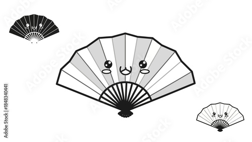 Cute kawaii Japanese folding fan illustration with happy face, black and white graphic design.
