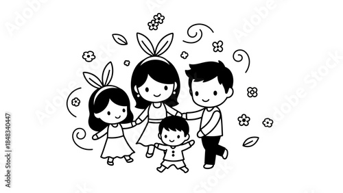 A cute black and white cartoon illustration of a happy family of five, including parents, two daughters, and a baby boy, holding hands and surrounded by flowers and swirls.