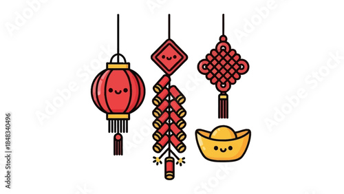 Cute cartoon illustration of traditional Chinese New Year decorations including a lantern, firecrackers, a knot, and a golden ingot.