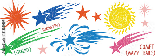 A collection of colorful, hand-drawn celestial bodies including stars, comets, and a sun, depicted with playful, crayon-like textures