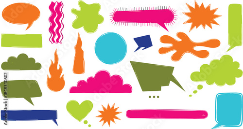 Diverse collection of vibrant, hand-drawn speech and thought bubbles with various graphic design elements for engaging communication and creative projects