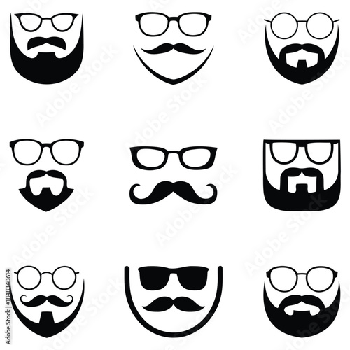 Hipster beard and mustache icons set with glasses silhouettes. set of mustache