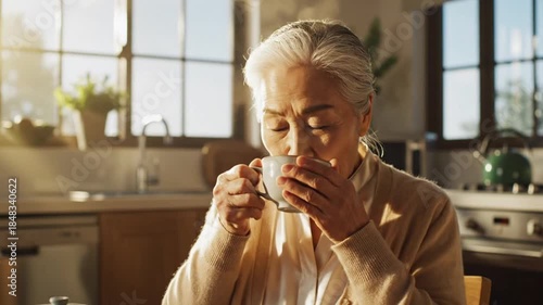 An elderly person sips a warm beverage from a mug, eyes closed in quiet contemplation. Bathed in soft, golden sunlight filtering through a kitchen window, the scene conveys deep peace, comfort, and mi