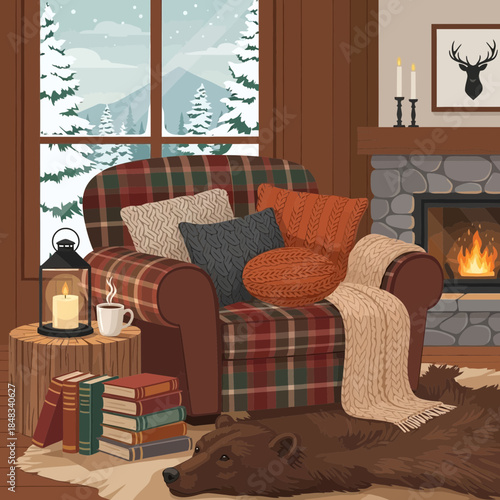 cozy cabin living room decorated for winter with fireplace and animal rug