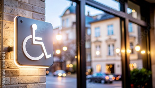 Illuminated Accessibility Sign for Disabled Individuals Outside a Modern Urban Building at Dusk