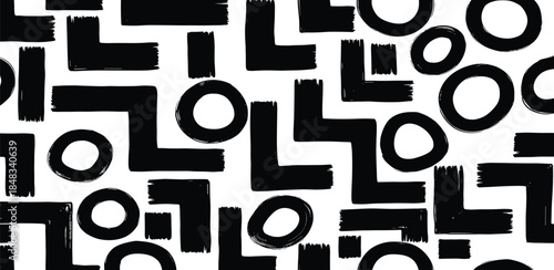 Abstract Pattern with Hand-Drawn Black Brushstrokes and Geometric Shapes on a White Background, Versatile Artistic Texture for Modern Graphics and Creative Designs