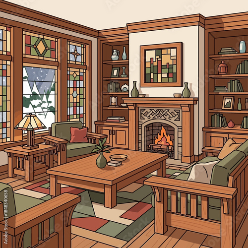 cozy interior living room with wooden furniture and a lit fireplace with window views of a snowy