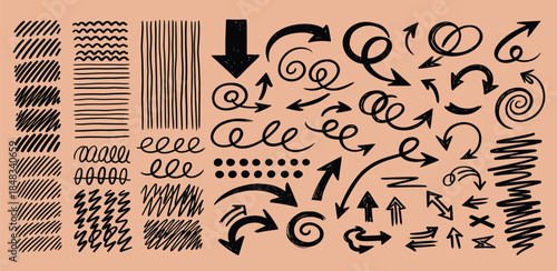 Dynamic collection of hand-drawn arrows, expressive lines, and creative doodle elements for unique graphic design projects and visual communication