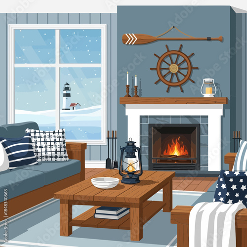 Cozy holiday themed living room with fireplace, snow scene outside and nautical decor