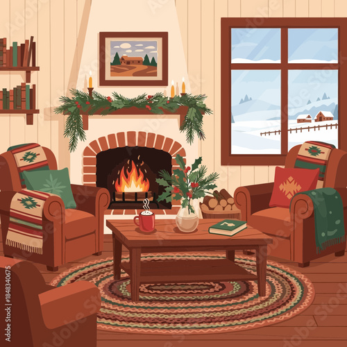 Cozy Interior of a Living Room with Fireplace Decorated for Winter Season Scene