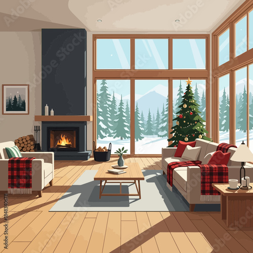 Cozy living room decorated for Christmas with a large decorated tree and snow-covered windows