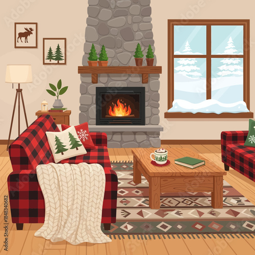 Cozy living room decorated for winter with a roaring fireplace and festive pillows creating warm