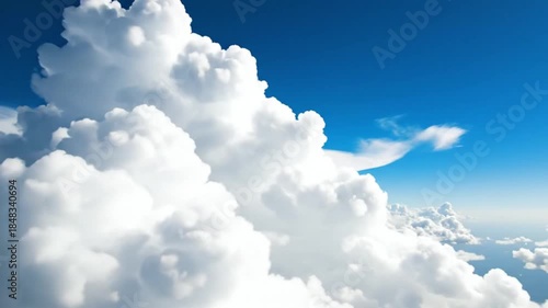 An expansive aerial view showcases a breathtaking landscape of pristine, fluffy white cumulus clouds set against a vibrant, deep blue sky. The video smoothly navigates through this serene cloudscape, 