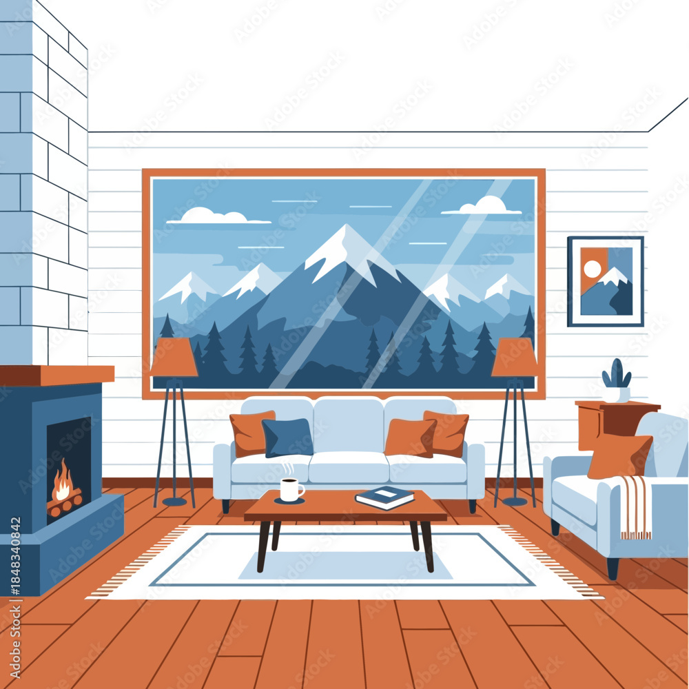 Fototapeta premium Cozy living room with large window showcasing a majestic snow-capped mountain landscape