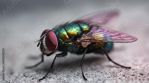 An extreme macro close-up offers a stunning view of a common fly, highlighting its vibrant iridescent body in shades of green and gold, paired with prominent ruby-red compound eyes. Delicate, transluc
