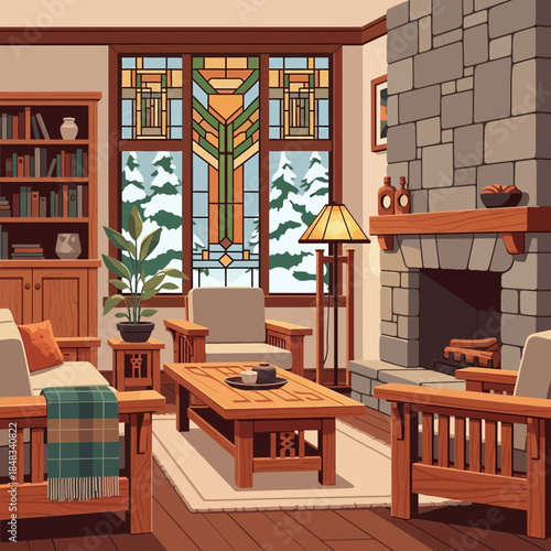 Cozy living room with large stained glass window and stone fireplace interior design