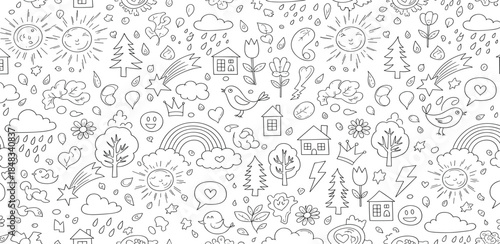 Doodle Style Seamless Pattern of Whimsical Elements Including Sun, Clouds, Raindrops, Rainbow, Houses, Trees, and Flowers