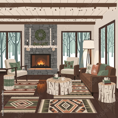 cozy living room with large windows overlooking a winter forest scene featuring a stone fireplace