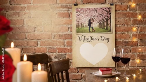 An intimate and cozy romantic setting is beautifully illuminated by the soft glow of flickering candles and delicate string lights. A rustic brick wall provides a warm backdrop for a decorative sign t