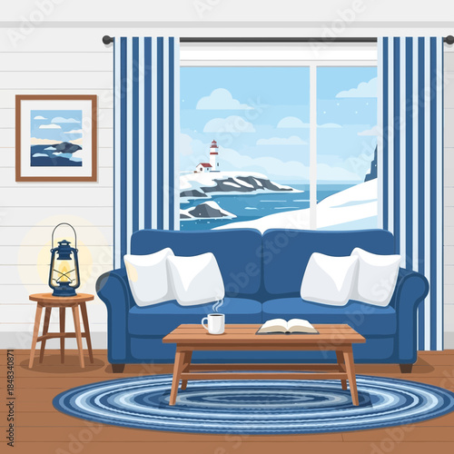 Cozy living room with ocean view featuring a blue sofa, curtains, and nautical decor including a