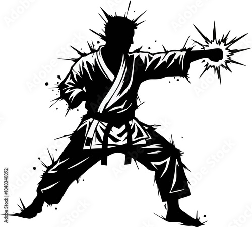 Karate Punch Silhouette Ink Brush Art. Japanese Martial Arts Stance Vector for Sport Design