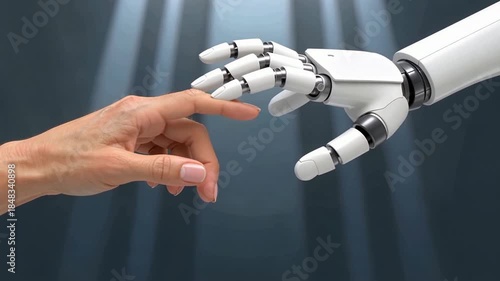 Human Hand and Robot Hand Touching in Futuristic Technology Concept.