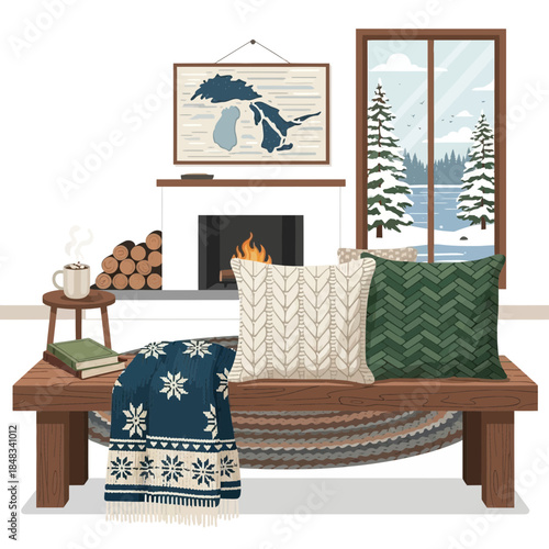 Cozy nordic winter living room with fireplace and scenic snow-covered window view