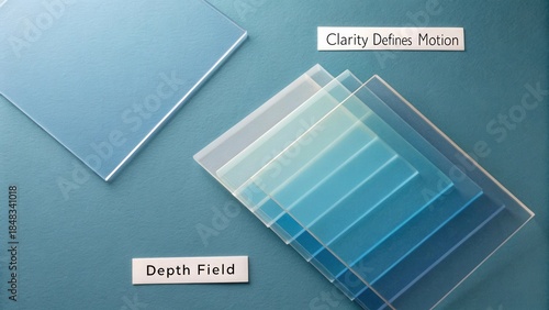 Transparent Acrylic Sheets in Various Shades of Blue with Text Labels for Clarity Defines Motion and Depth Field